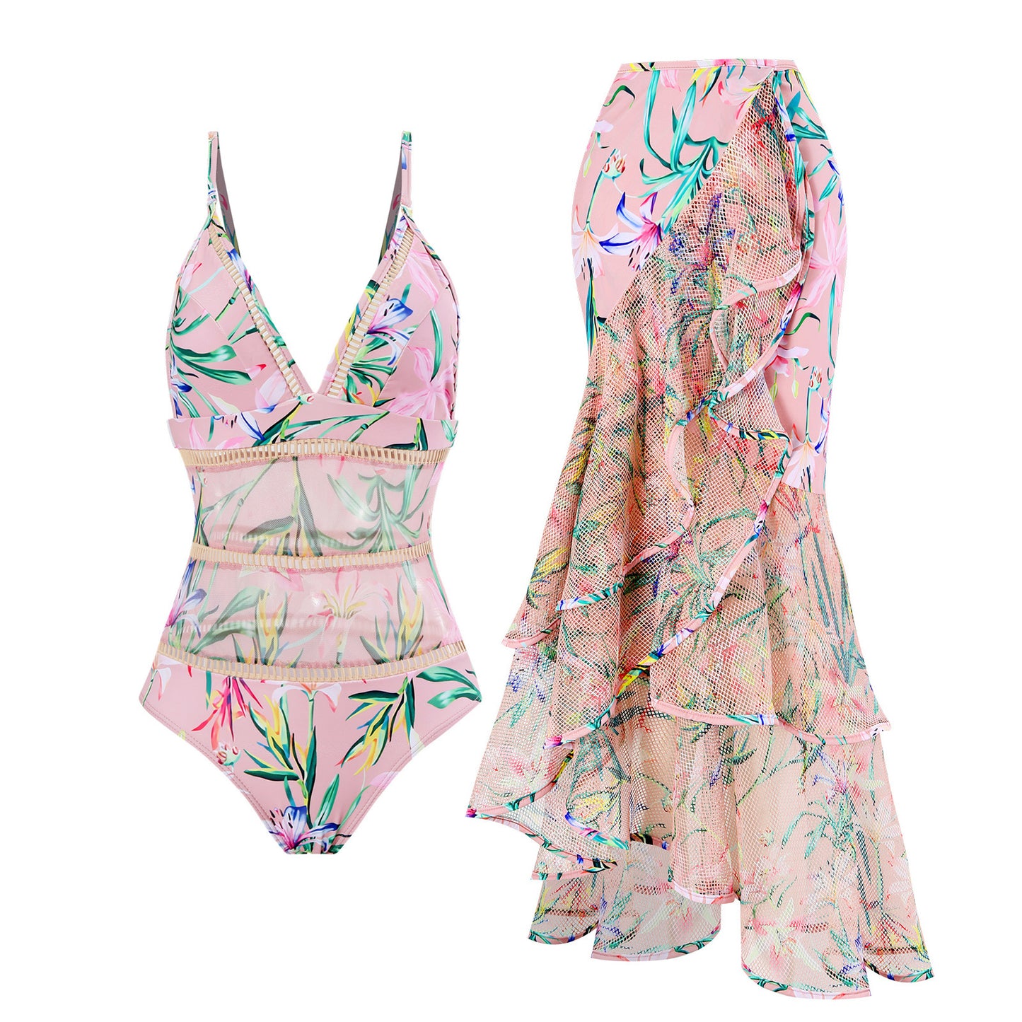 Vibecurve® Women's One Piece Swimsuit with Beach Cover up Wrap Skirt Sarong Retro Floral Print Bikini Set Two Piece Bathing Suit