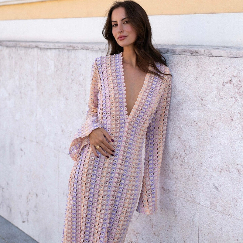 Vibecurve® Women’s Striped Maxi Dress Long Knit Beach Dresses Loose Fit Sexy Summer Contrast Color Side Slit Hollow Out Sundress