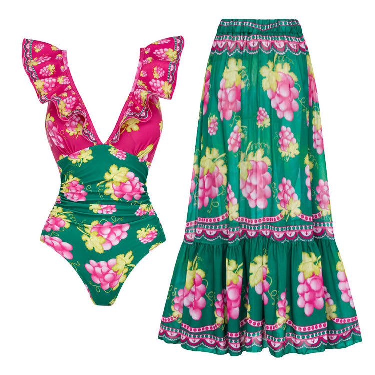 Vibecurve® Long-sleeved Retro Green Grapes Print One Piece Swimsuit and Skirt