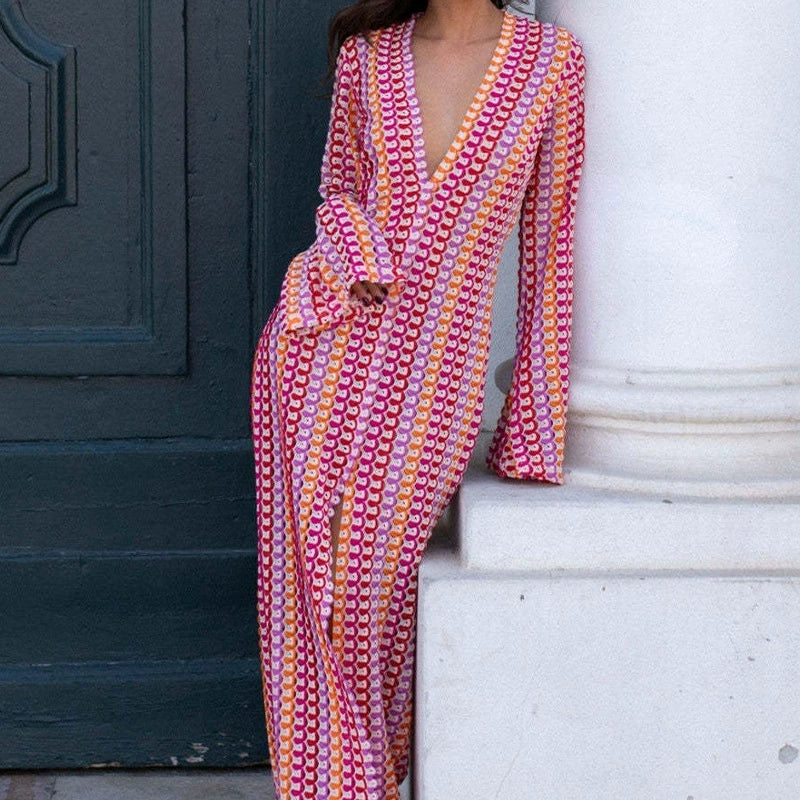 Vibecurve® Women’s Striped Maxi Dress Long Knit Beach Dresses Loose Fit Sexy Summer Contrast Color Side Slit Hollow Out Sundress