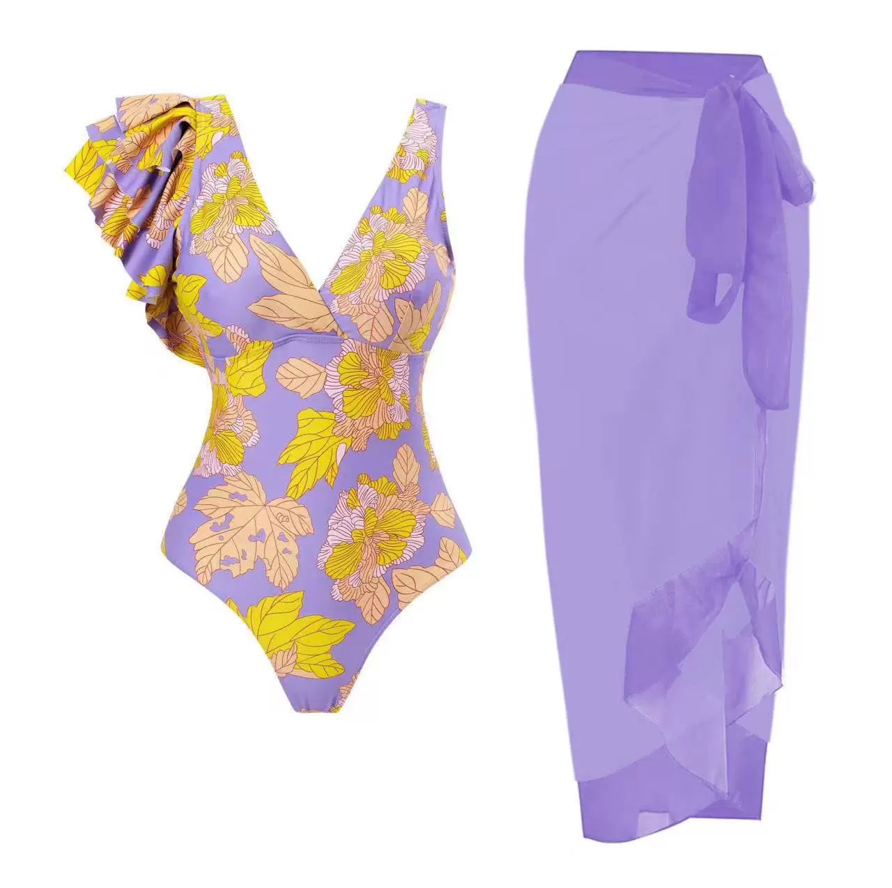 Vibecurve® Floral Print Ruffles Strap One Piece With Bathing Suit Wrap Skirt
