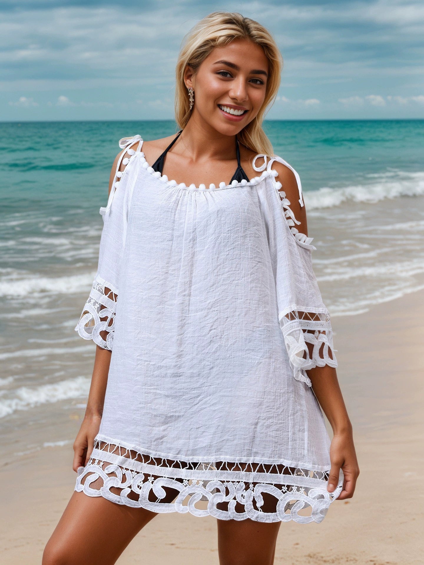 Vibecurve® Hollow Lace Sexy Solid Color Beach Dress Sun Protection Clothing Swimsuit Blouse