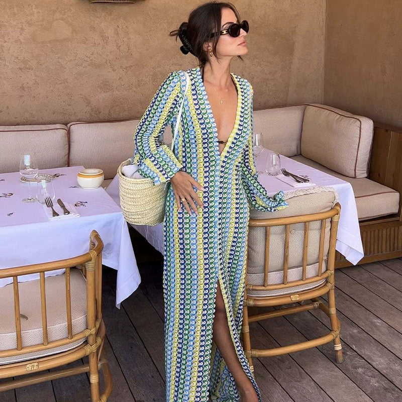 Vibecurve® Women’s Striped Maxi Dress Long Knit Beach Dresses Loose Fit Sexy Summer Contrast Color Side Slit Hollow Out Sundress
