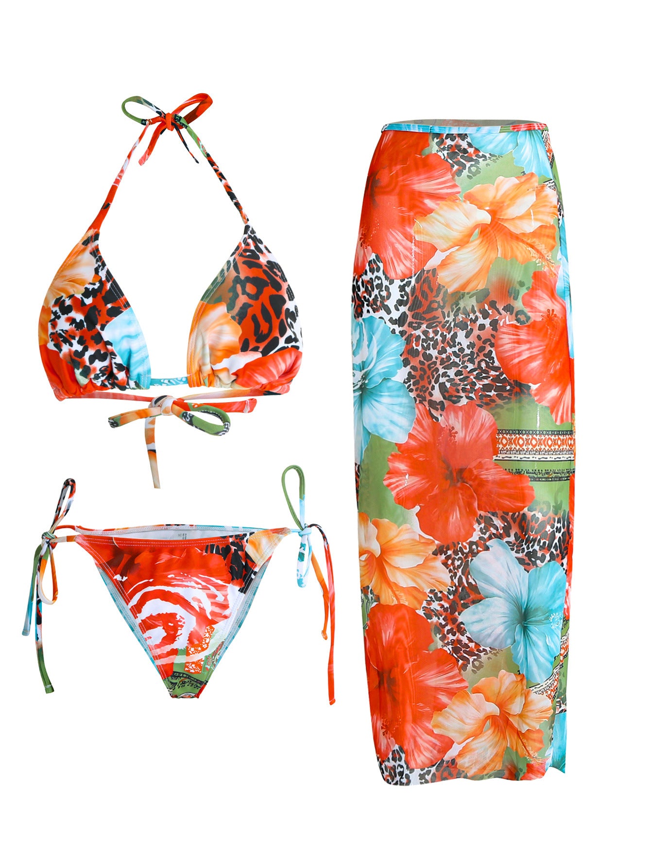 Vibecurve®  Women's Halter Triangle Bikini Sets Floral 3 Piece Swimsuit Bathing Suit Cover Up Long Skirt