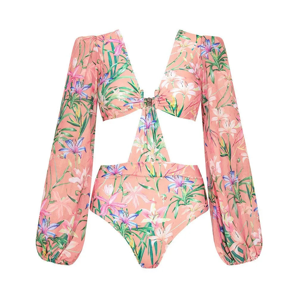 Vibecurve® Women's One Piece Swimsuit with Beach Cover up Wrap Skirt Sarong Retro Floral Print Bikini Set Two Piece Bathing Suit