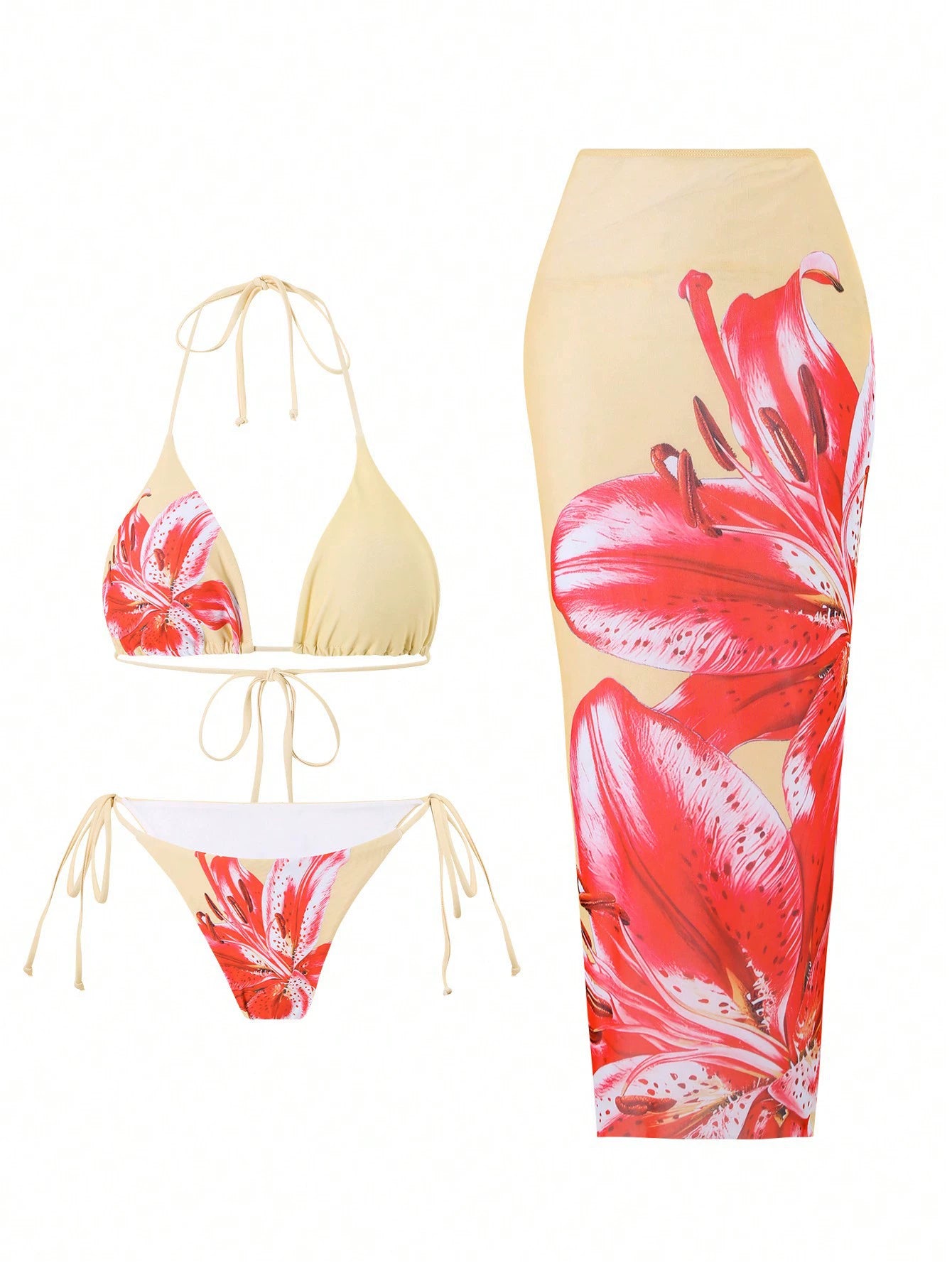 Vibecurve®  Women's Halter Triangle Bikini Sets Floral 3 Piece Swimsuit Bathing Suit Cover Up Long Skirt