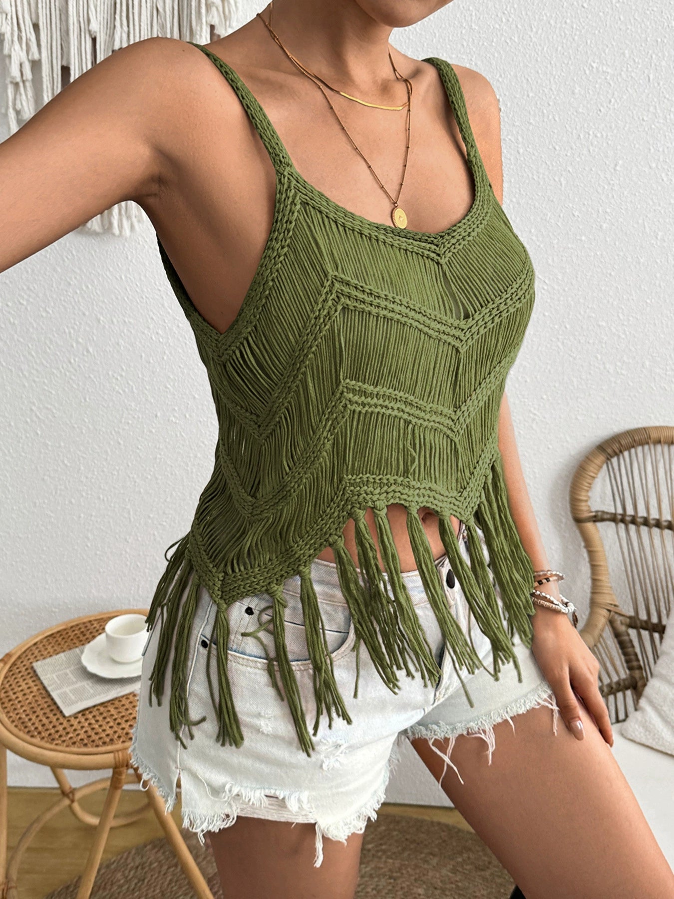 Vibecurve® Women's Plain Fringe Trim Cami Top