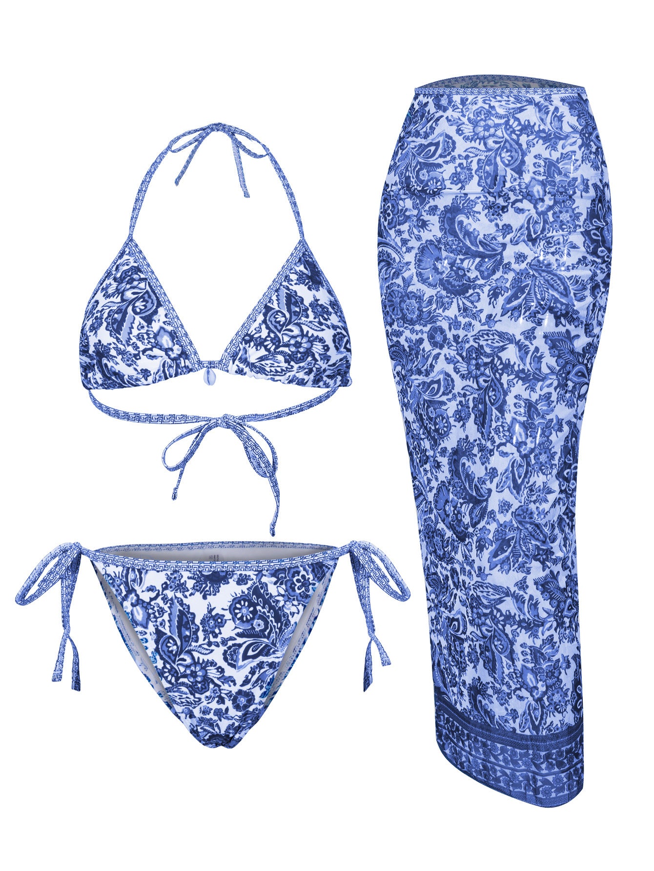 Vibecurve®  Women's Halter Triangle Bikini Sets Floral 3 Piece Swimsuit Bathing Suit Cover Up Long Skirt