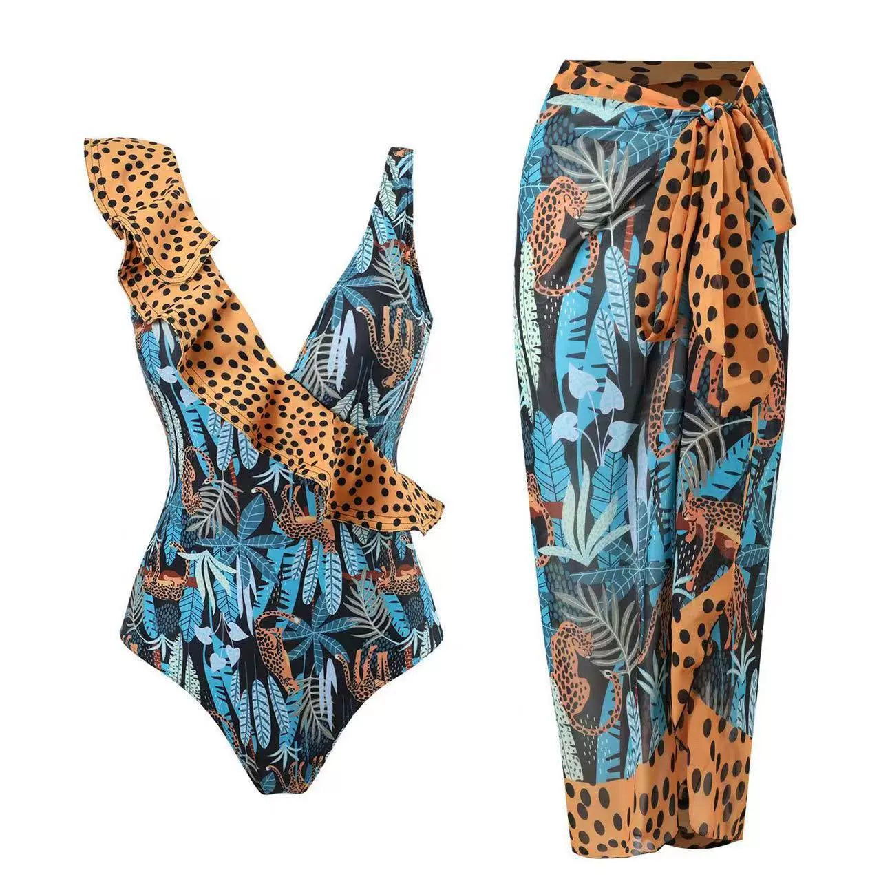 Vibecurve® Floral Print Ruffles Strap One Piece With Bathing Suit Wrap Skirt