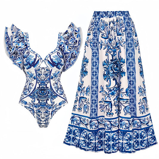 Vibecurve® Printed Sunscreen Swimsuit and Skirt/Sarong