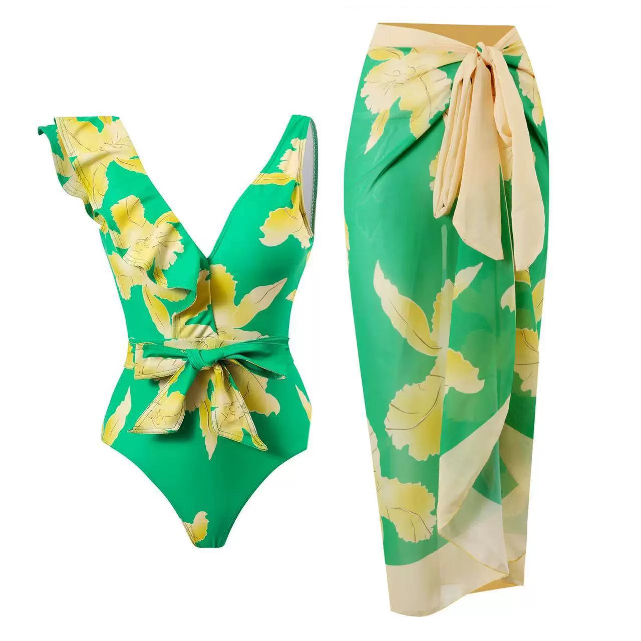 Vibecurve® Floral Print Ruffles Strap One Piece With Bathing Suit Wrap Skirt