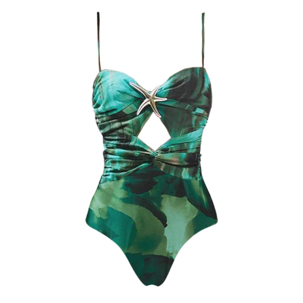Vibecurve® Starfish Decoration Print Hollow-out Flared Skirt Swimsuit Set