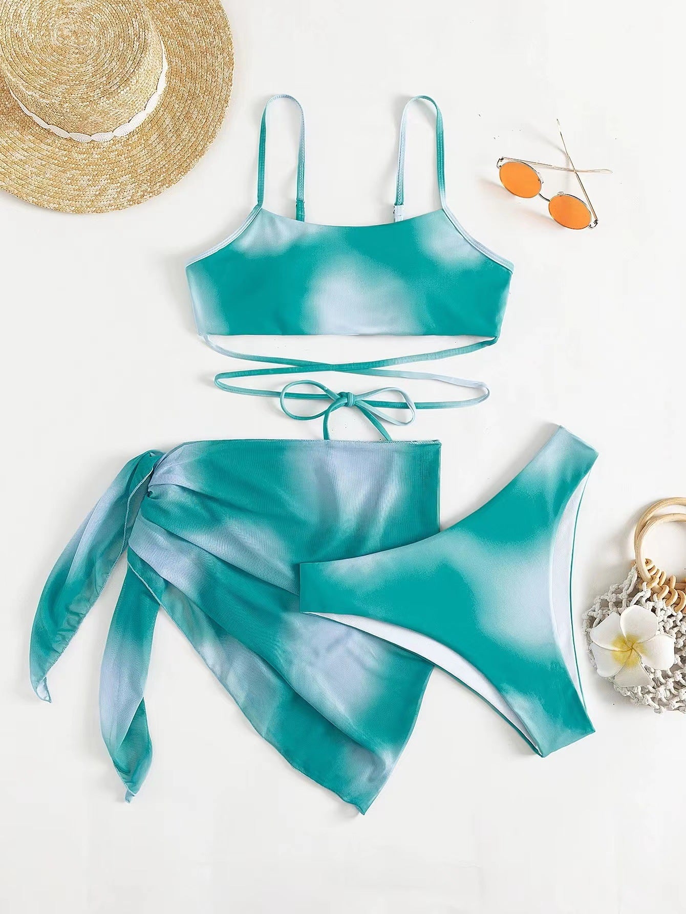 Vibecurve® Tie-Dye Bikini Swimsuit Women's Three-Piece Mesh Skirt