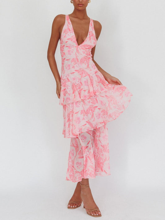 Strappy Back Maxi Dress Floral Pink