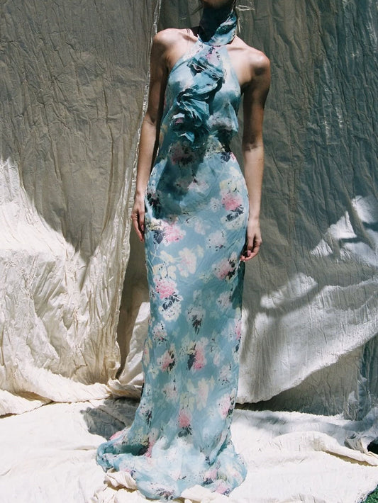 Vintage Print Halter Neck Ruffle Dress