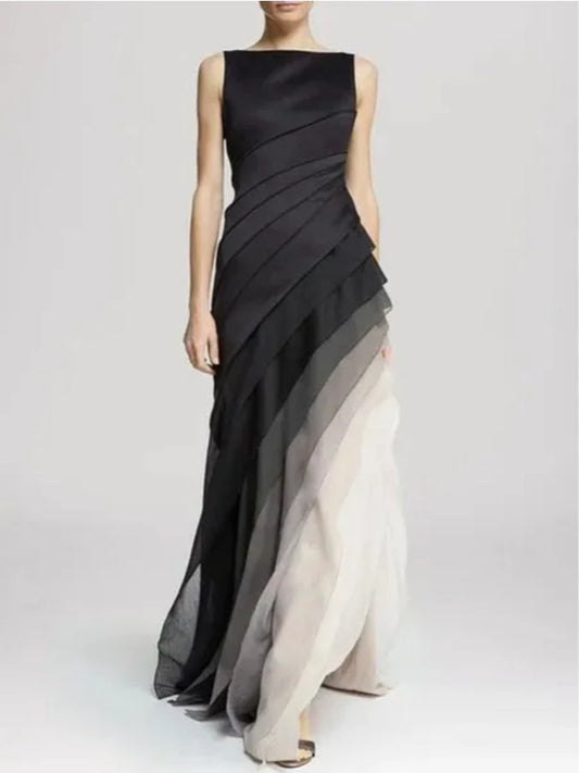 Black High Waist Tulle SleeGradientveless Maxi Dress