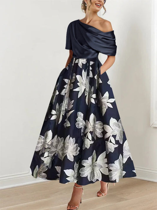 One-shoulder Floral Satin Maxi Dress