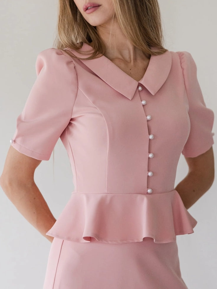 Elegant Little Doll Collar Pearl Ruffle Midi Dress