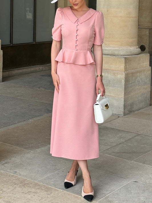 Elegant Little Doll Collar Pearl Ruffle Midi Dress