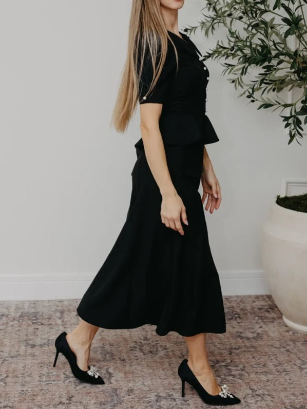 Elegant Little Doll Collar Pearl Ruffle Midi Dress