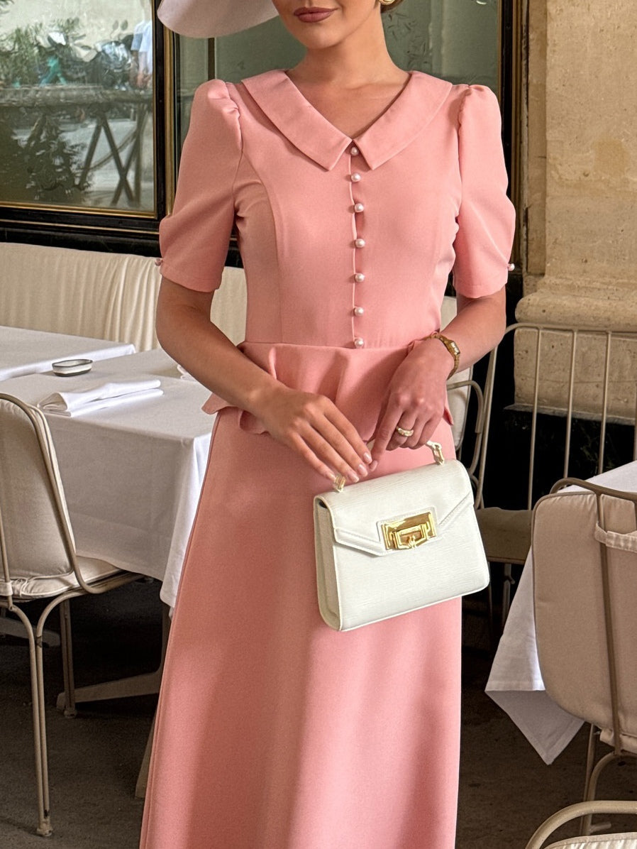Elegant Little Doll Collar Pearl Ruffle Midi Dress