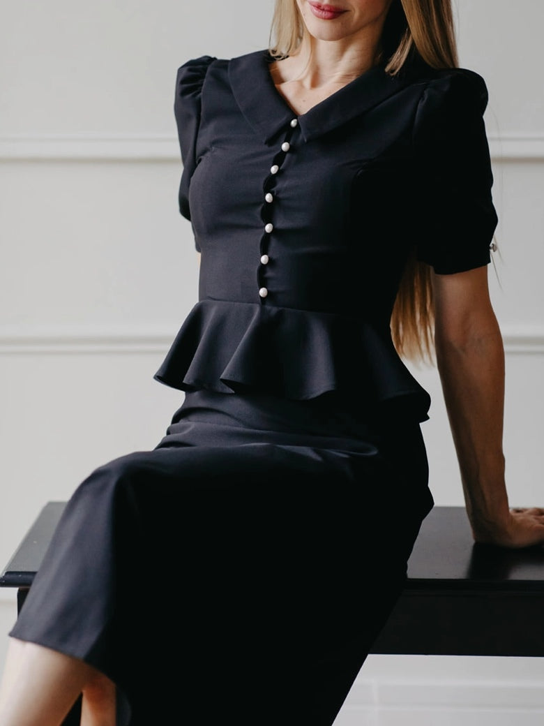 Elegant Little Doll Collar Pearl Ruffle Midi Dress
