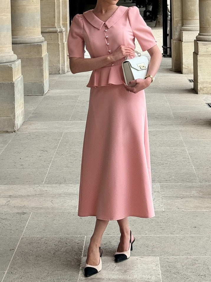 Elegant Little Doll Collar Pearl Ruffle Midi Dress