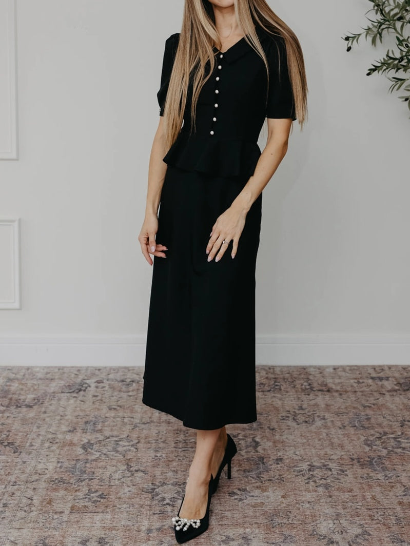 Elegant Little Doll Collar Pearl Ruffle Midi Dress