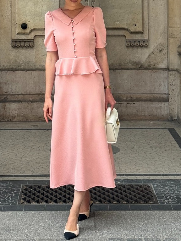 Elegant Little Doll Collar Pearl Ruffle Midi Dress
