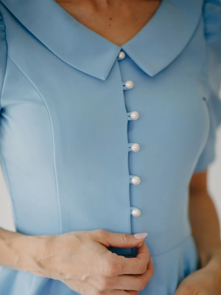 Elegant Little Doll Collar Pearl Ruffle Midi Dress