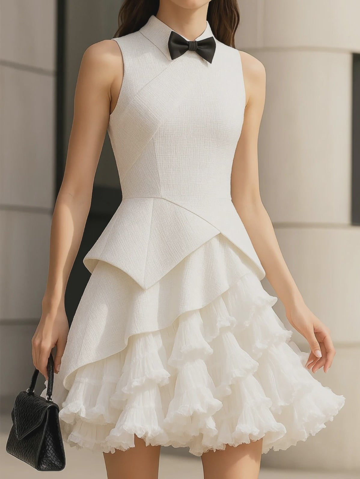 Elegant Bow White Layered Mini Dress