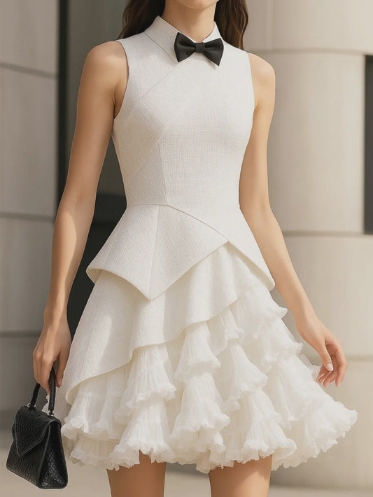 Elegant Bow White Layered Mini Dress