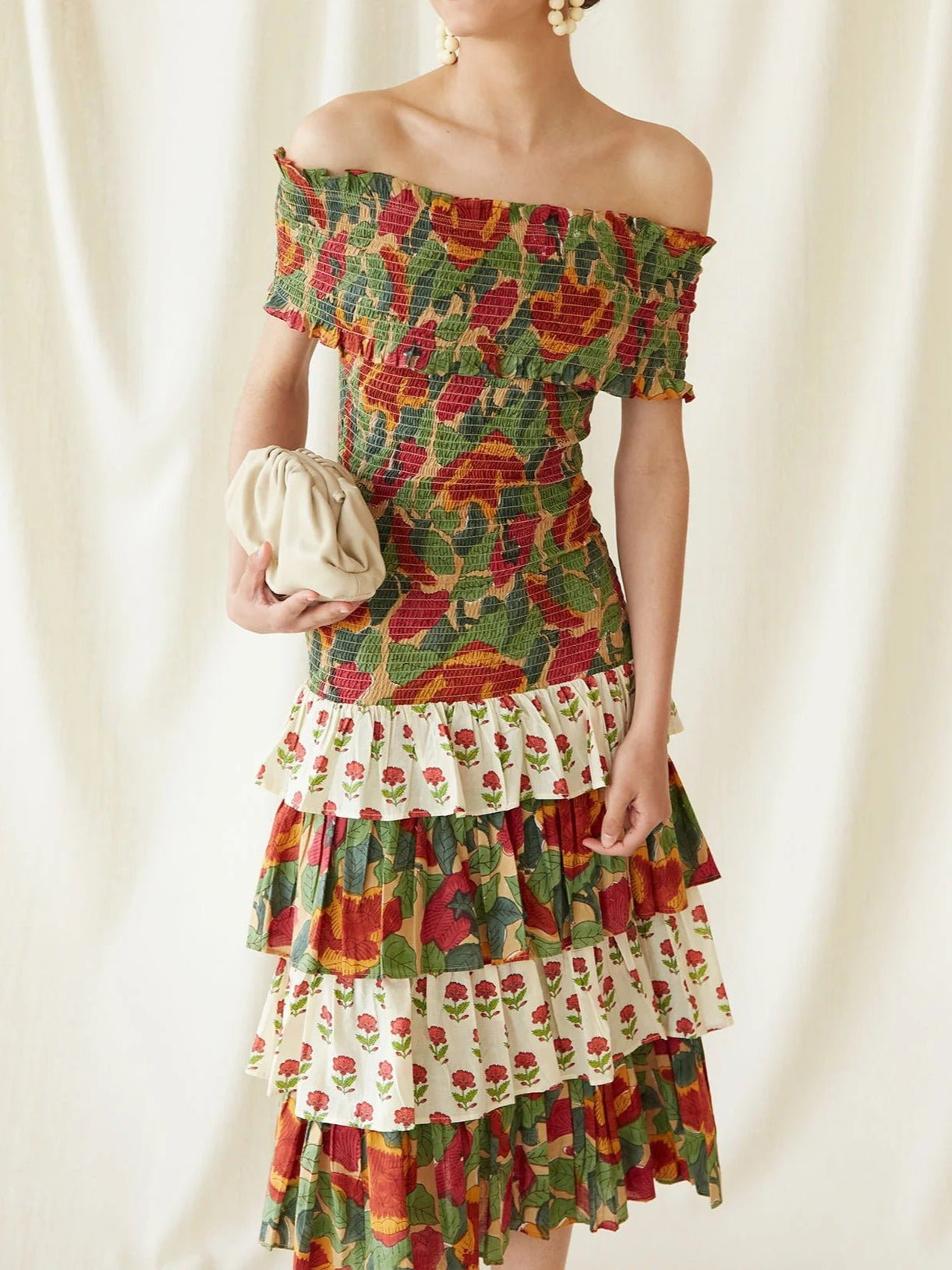 Off-the-shoulder Multicolor Floral Midi Dress