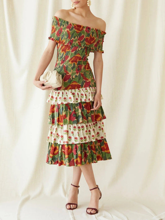 Off-the-shoulder Multicolor Floral Midi Dress