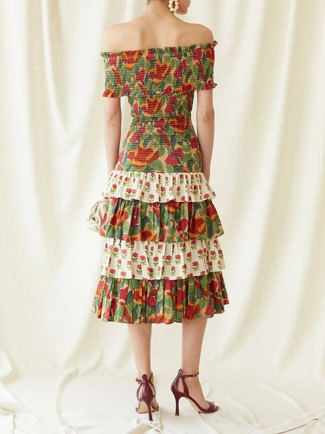 Off-the-shoulder Multicolor Floral Midi Dress