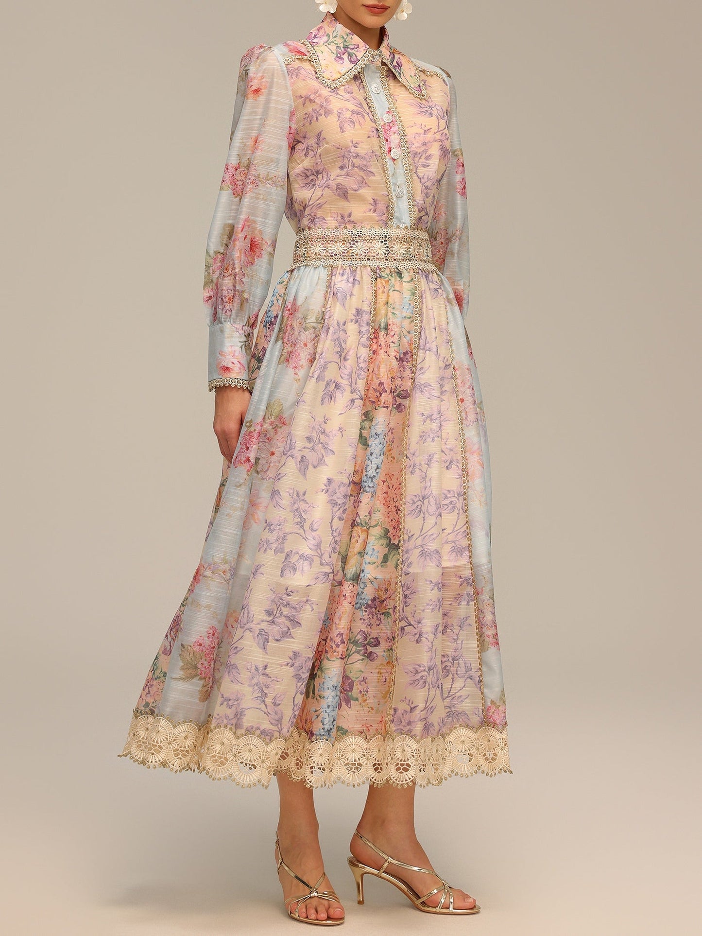 Bohemian Long Sleeve Floral Print Lace Top and Skirt 2-Piece Set