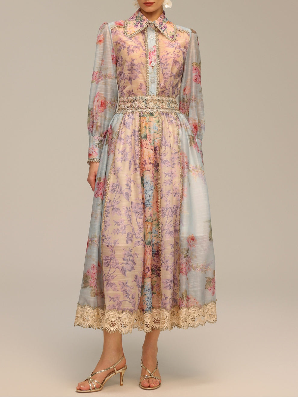 Bohemian Long Sleeve Floral Print Lace Top and Skirt 2-Piece Set