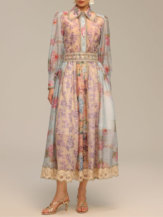 Bohemian Long Sleeve Floral Print Lace Top and Skirt 2-Piece Set