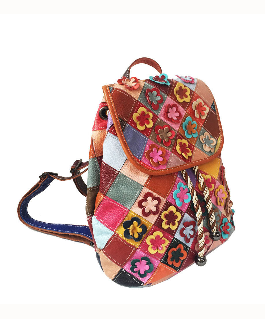 Handmade Multi Color Floral Patchwork Calf Leather Backpack Bag