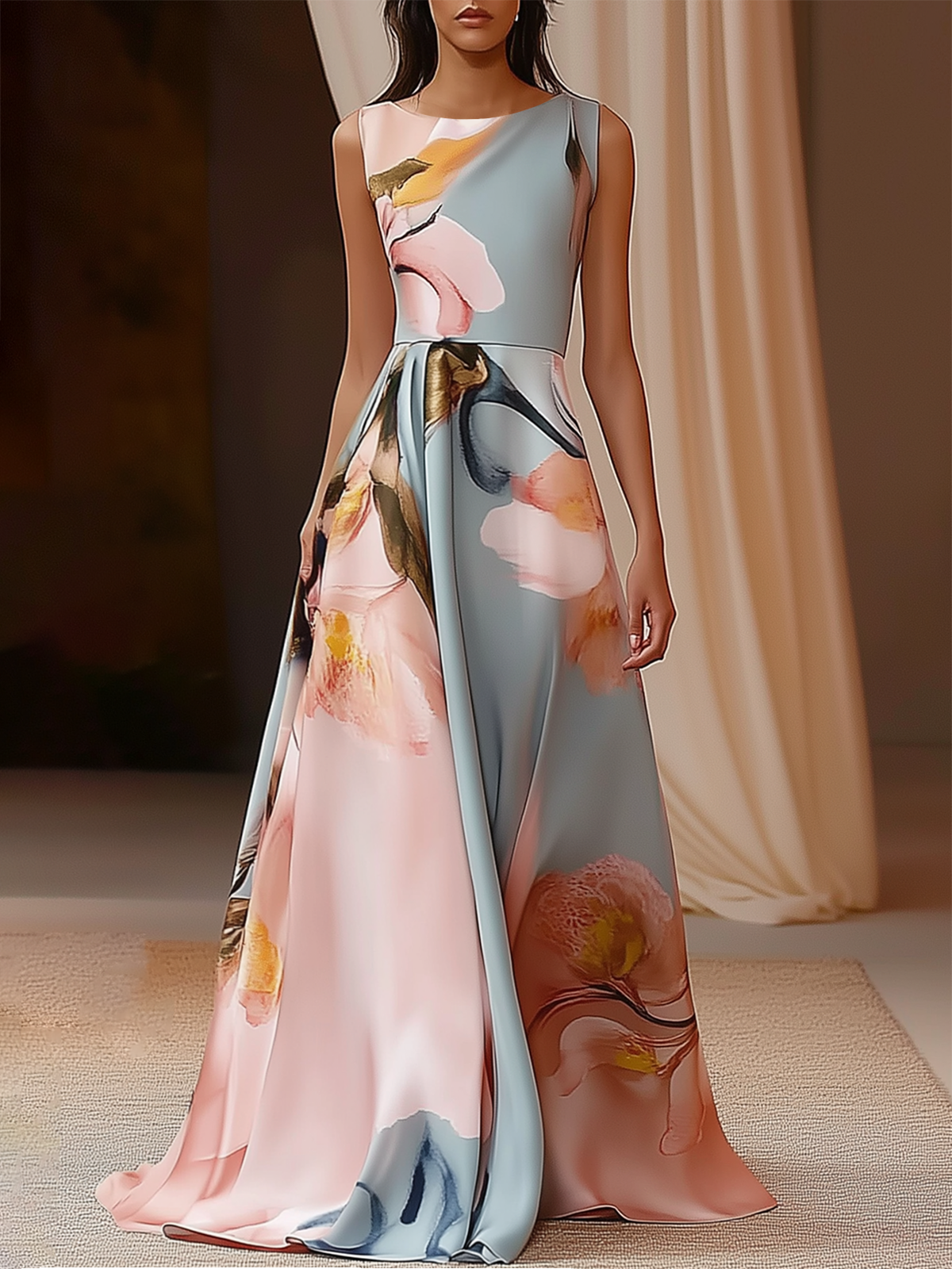 Flower Printed Boat Neck Sleeveless A-Line Maxi Dress