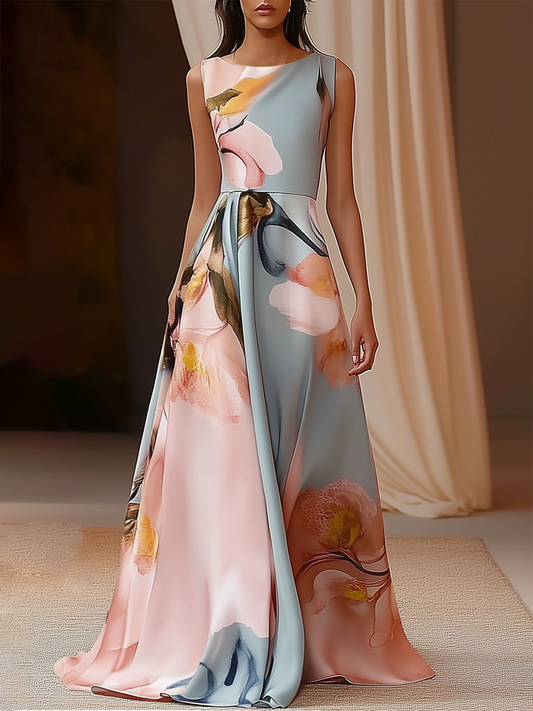 Flower Printed Boat Neck Sleeveless A-Line Maxi Dress