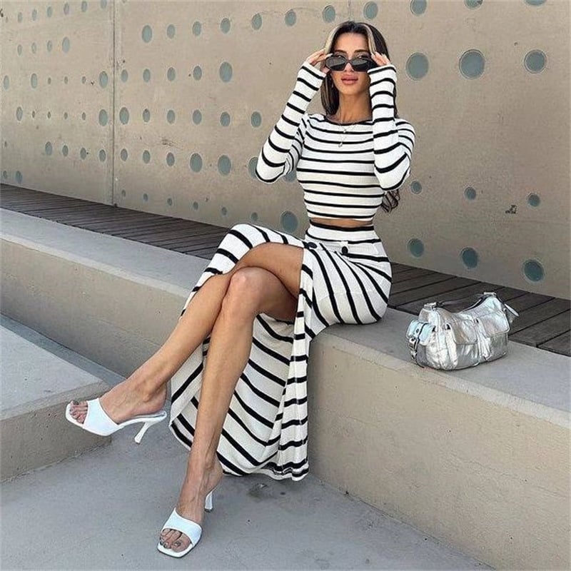 Classic black and white striped two-piece set