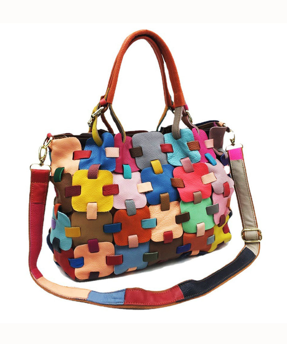 Beautiful Multicolour Patchwork Zippered Calf Leather Tote BAG