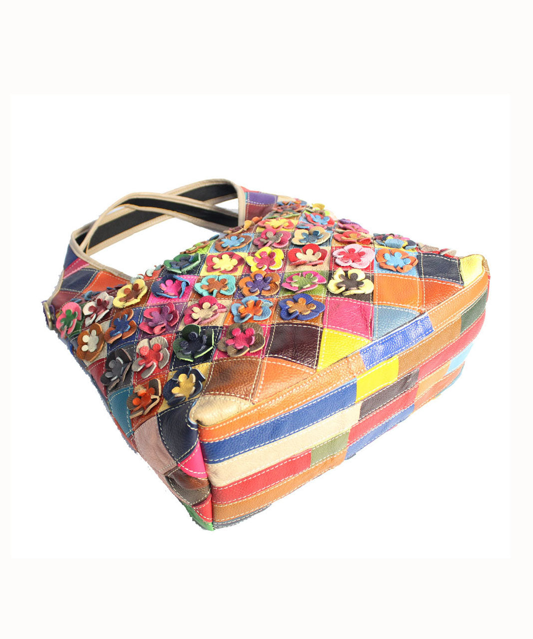 Stylish Multi Color Plaid Floral Patchwork Zippered Calf Leather Satchel BAG
