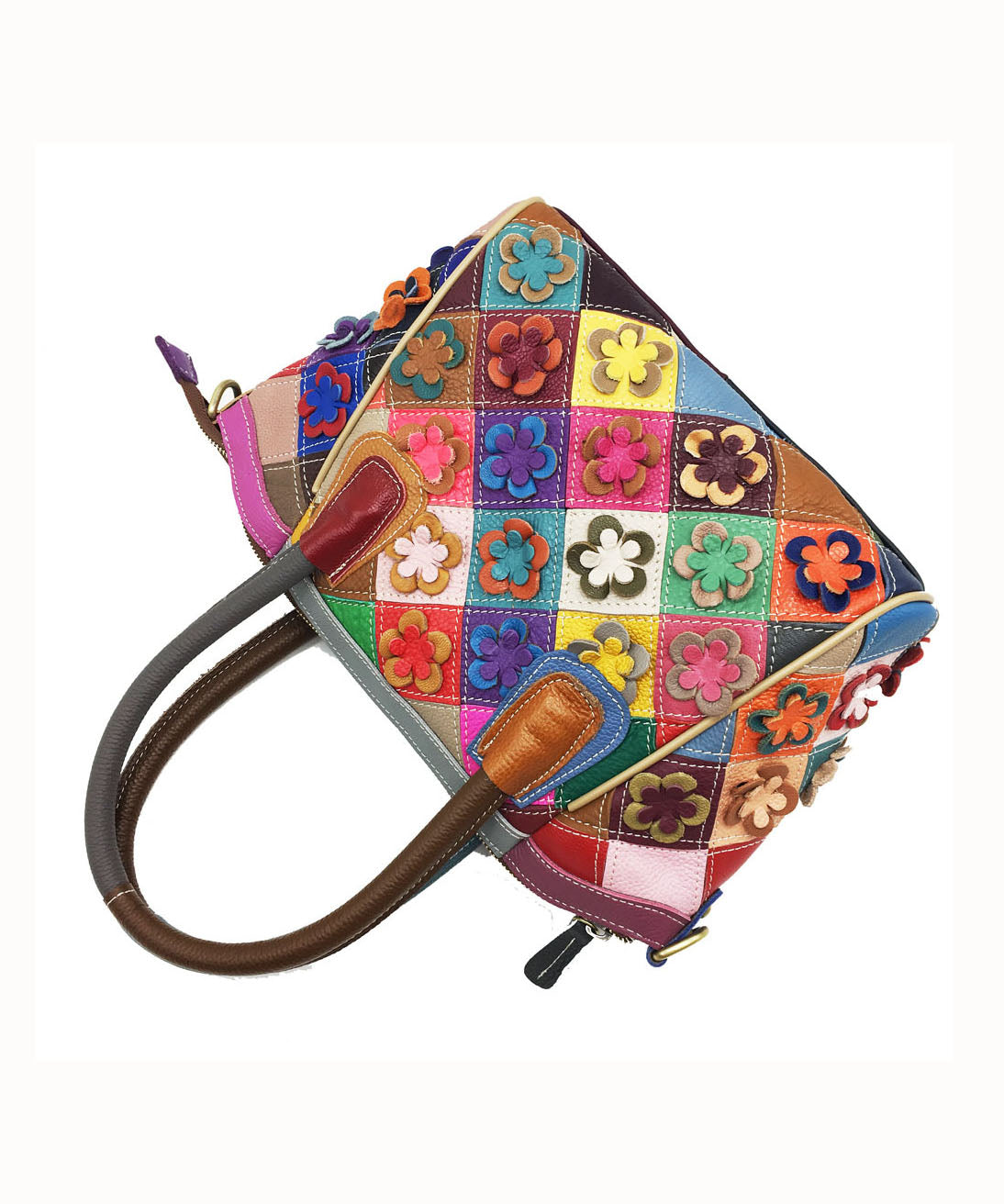 Handmade Colorblock Floral Patchwork Calf Leather Tote BAG