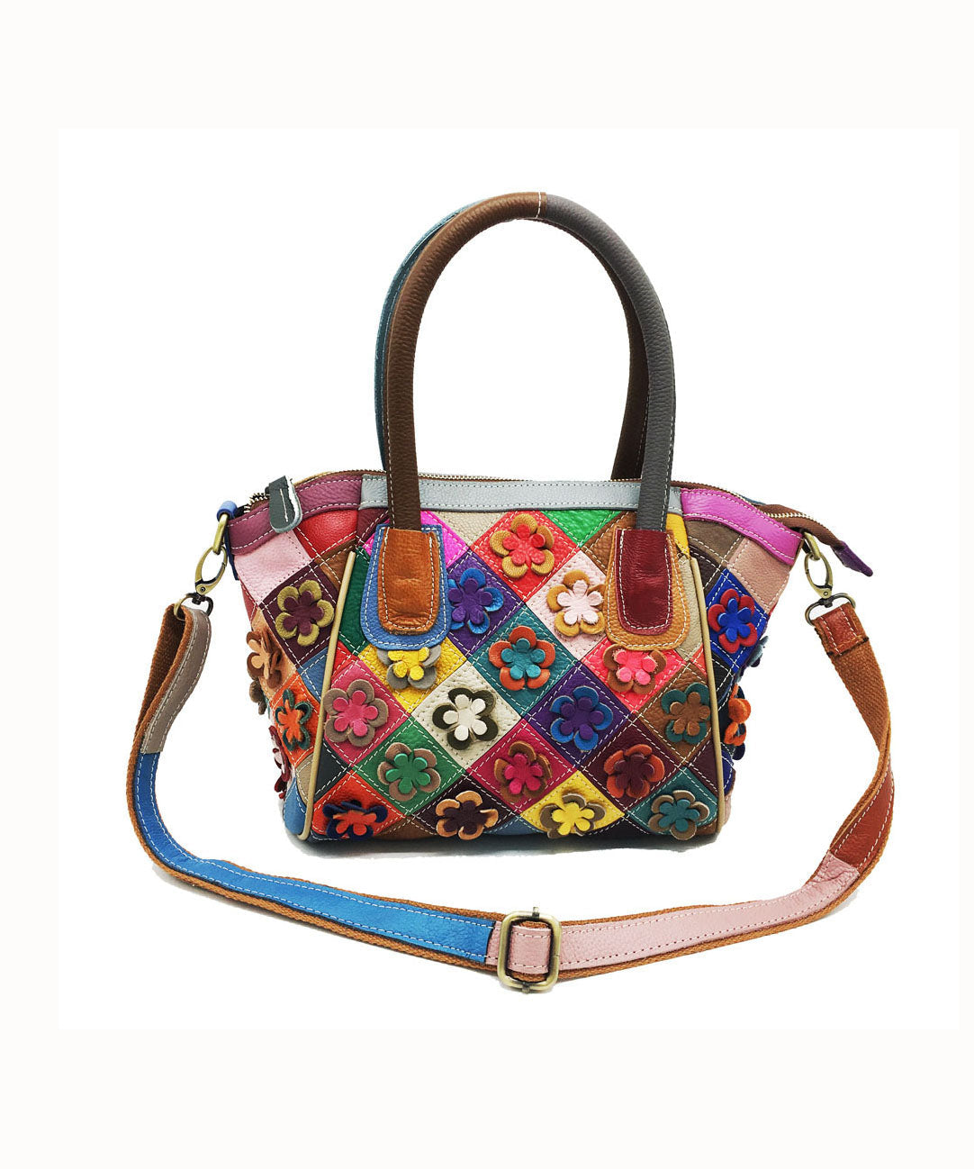 Handmade Colorblock Floral Patchwork Calf Leather Tote BAG