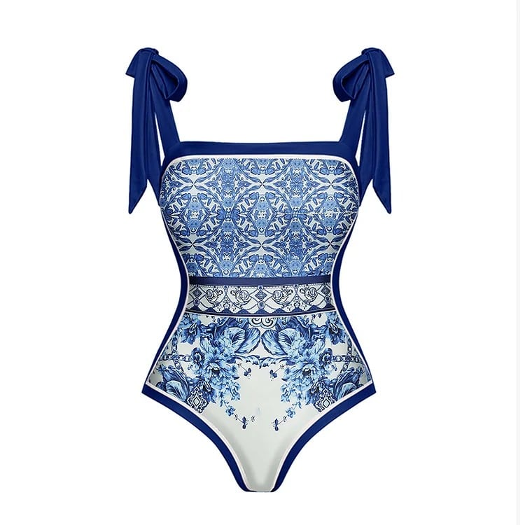 Vibecurve® Blue And White Porcelain One Piece Swimsuit Set
