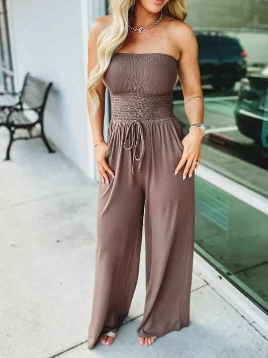 🔥Hot Sale 49%-OFF🔥Off Shoulder Solid Color Smocked Jumpsuit