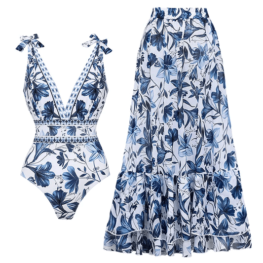 V Neck Lace Up Printed One Piece Swimsuit and Skirt