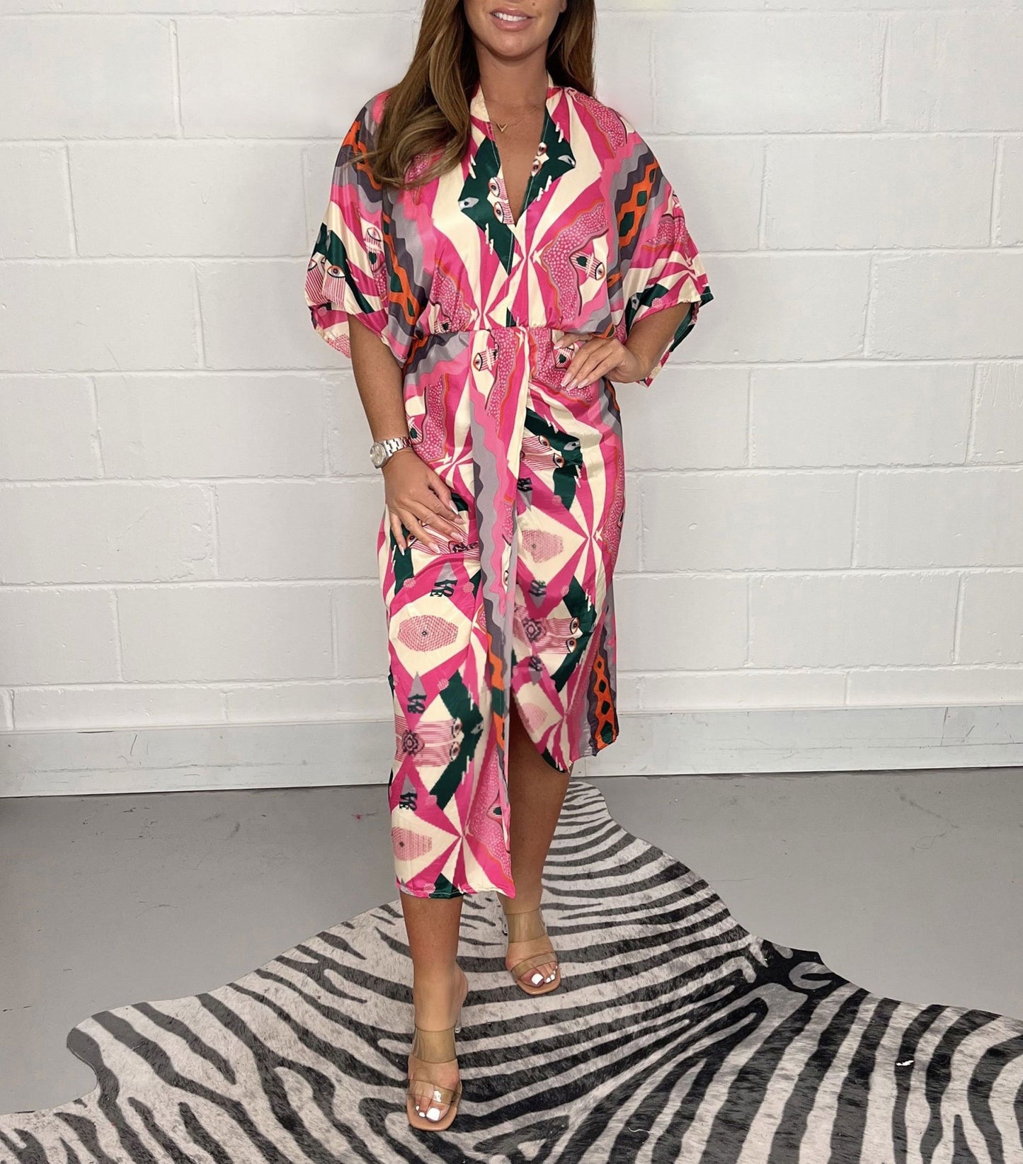 Printed  Kimono Midi Dress V-neck Irregular Dress